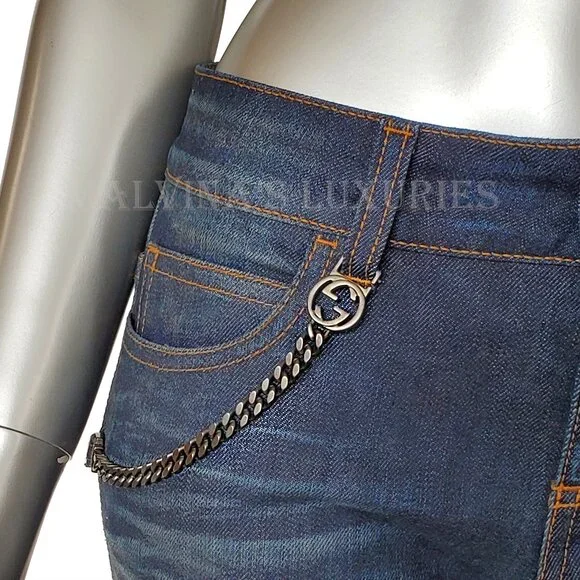 GUCCI JEANS FLARED DENIM PANTS w INTERLOCKING G LOGO CHAIN HARDWARE sz 42 / US 6 - Picture 3 of 14